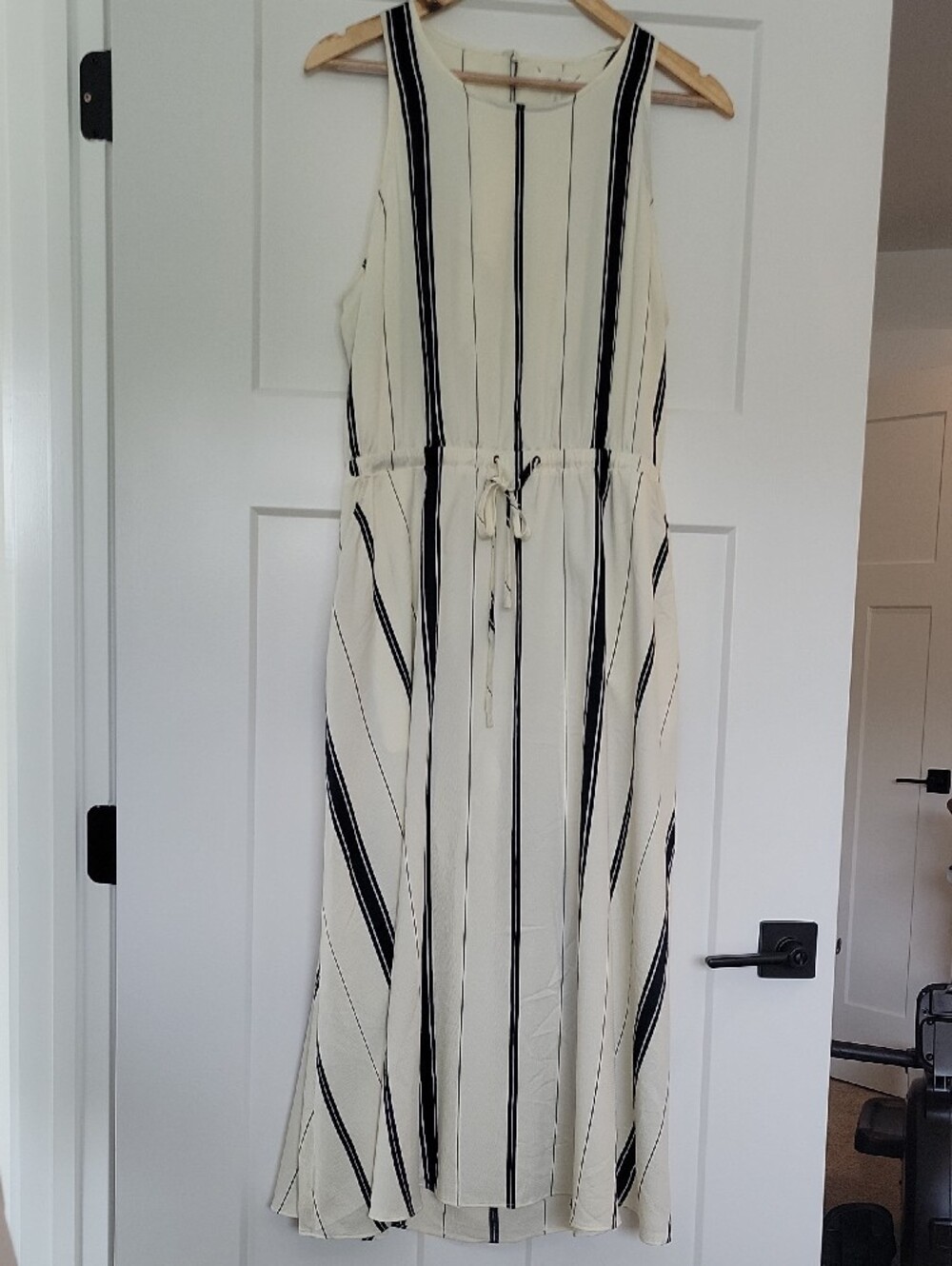 Lou & Grey Cream Midi Dress with Black Vertical Stripes